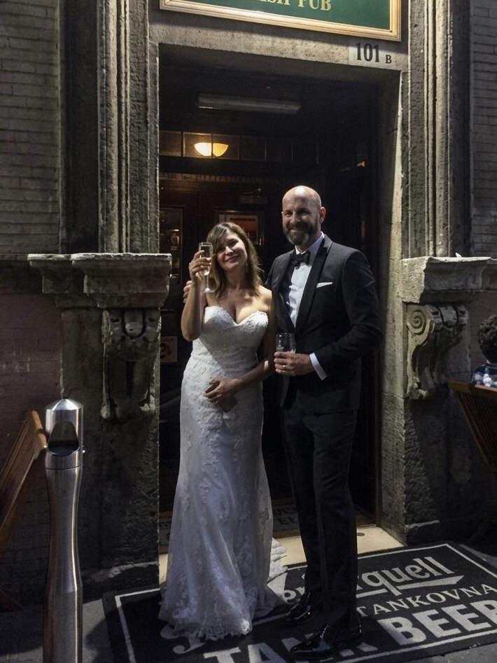Wedding celebration outside pub